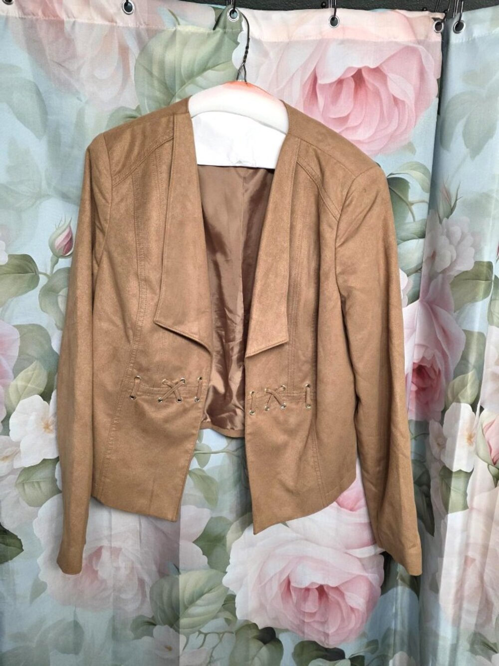 Tan Faux Suede Lace-Up Jacket – Boho Chic Style